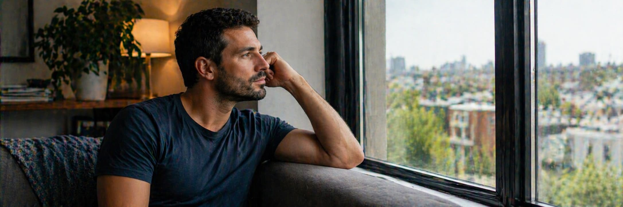 A gay man looking out of a window, the light falling across his face