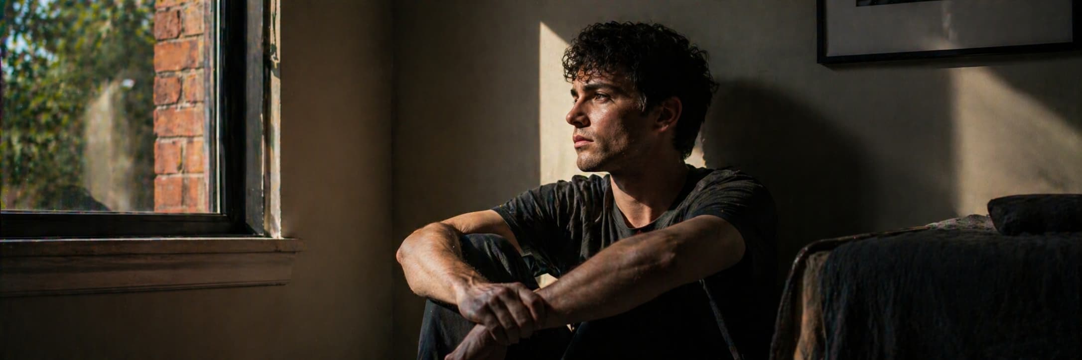 A man sitting alone in an empty room, the weight of something difficult visible in his posture