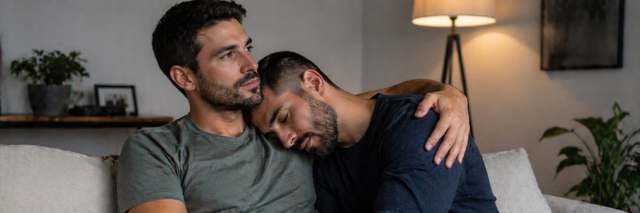 Two men in a relationship, one looking to the other for connection