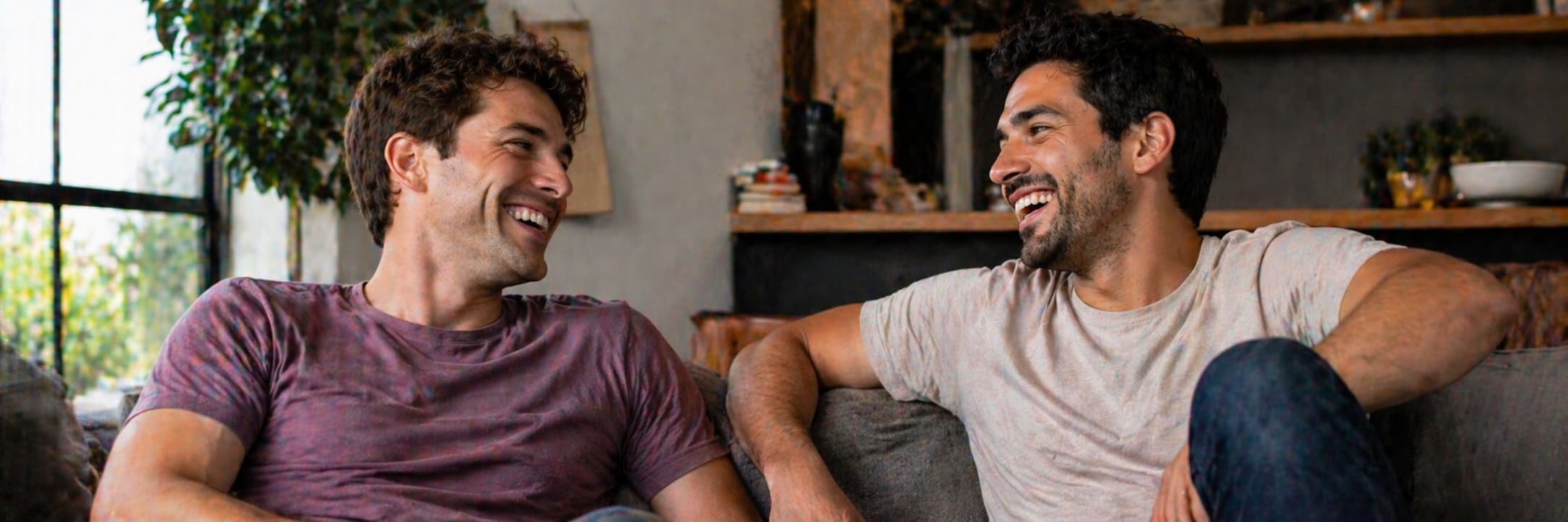 Two men walking together, laughing, in an urban setting