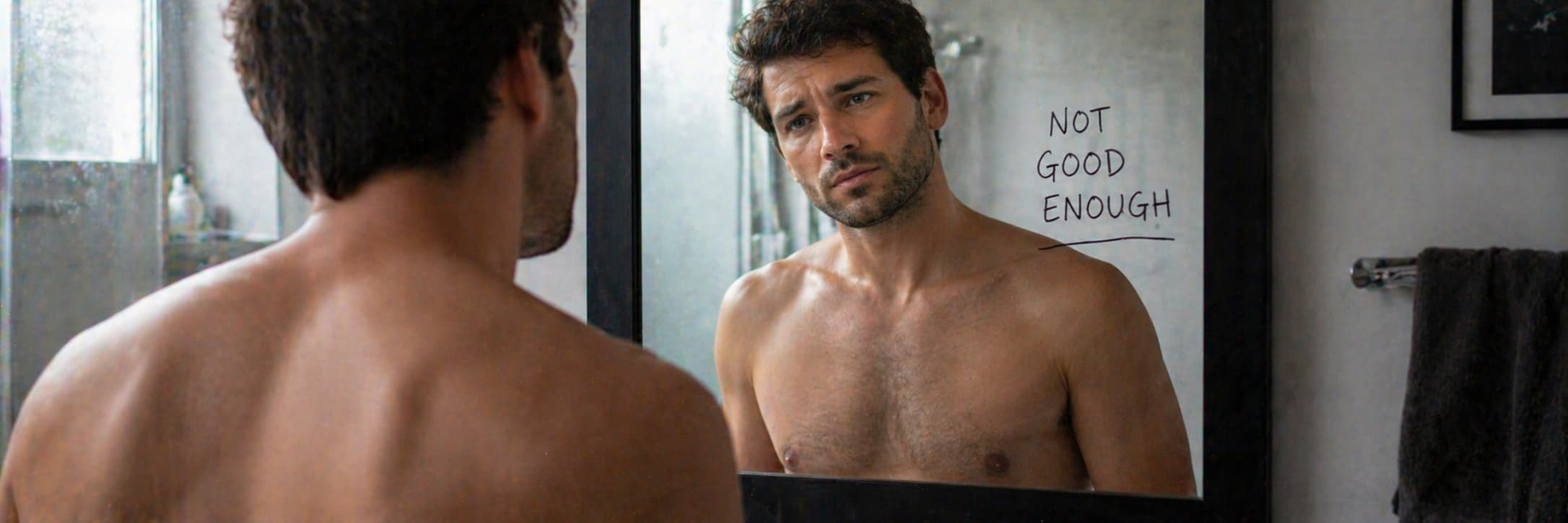 A man examining his reflection, the expression complex