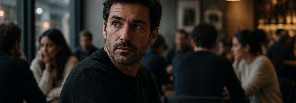 A gay man standing alone at a window, city lights out of focus behind him