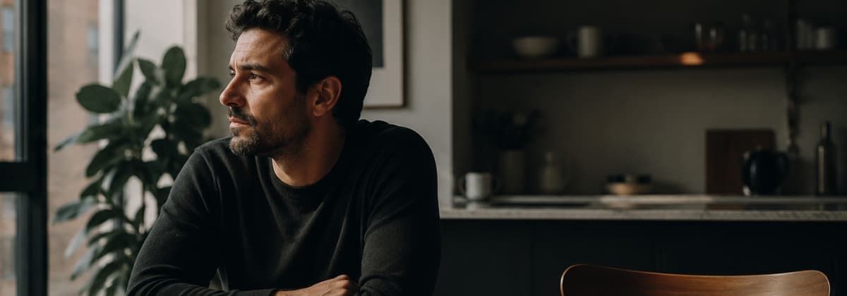 Gay man standing apart from a crowded social gathering, looking out a window