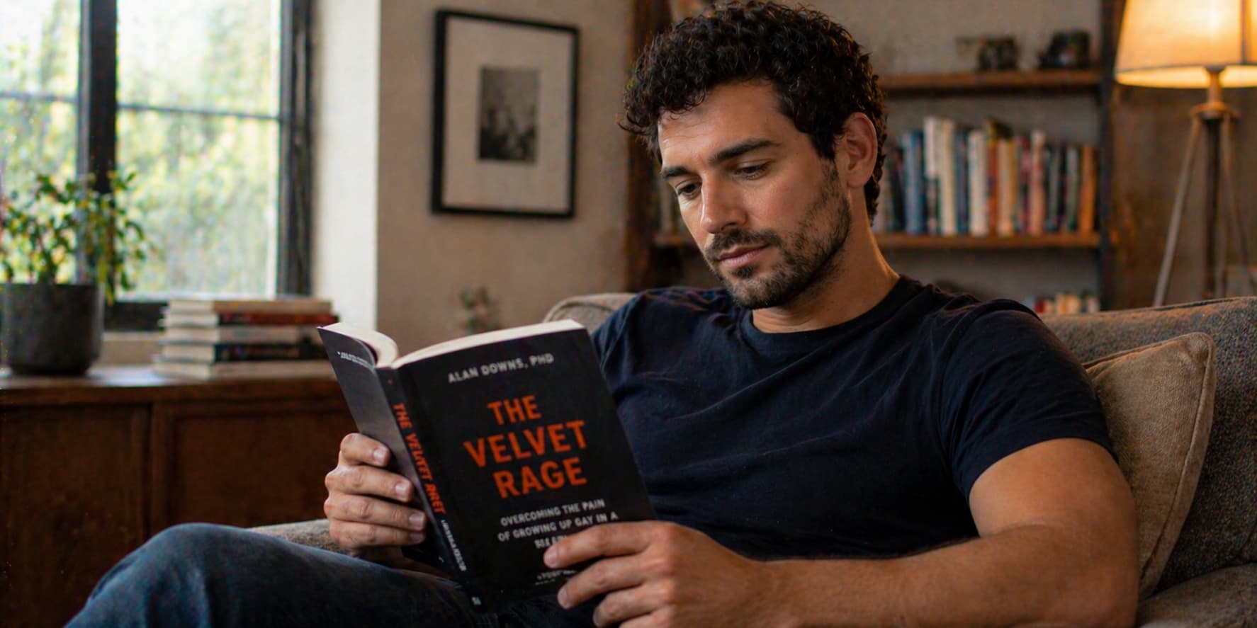 Books about gay psychology and male identity on a shelf