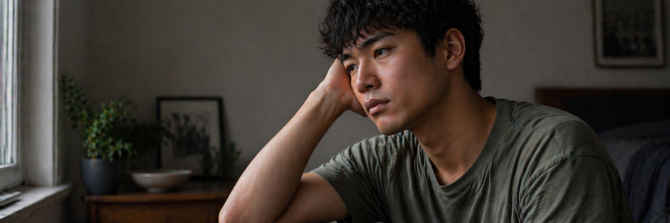 A gay man sitting alone in thought, window light