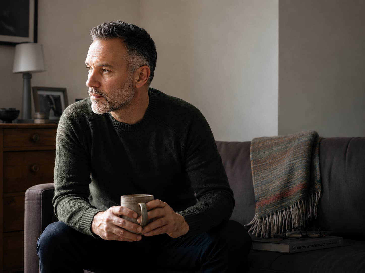 Midlife man sitting alone in a quiet living room, holding a mug and looking thoughtfully toward the window.
