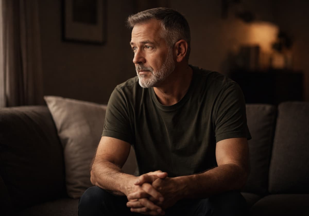 Two older gay men in a quiet domestic interior, early morning light, sense of shared history