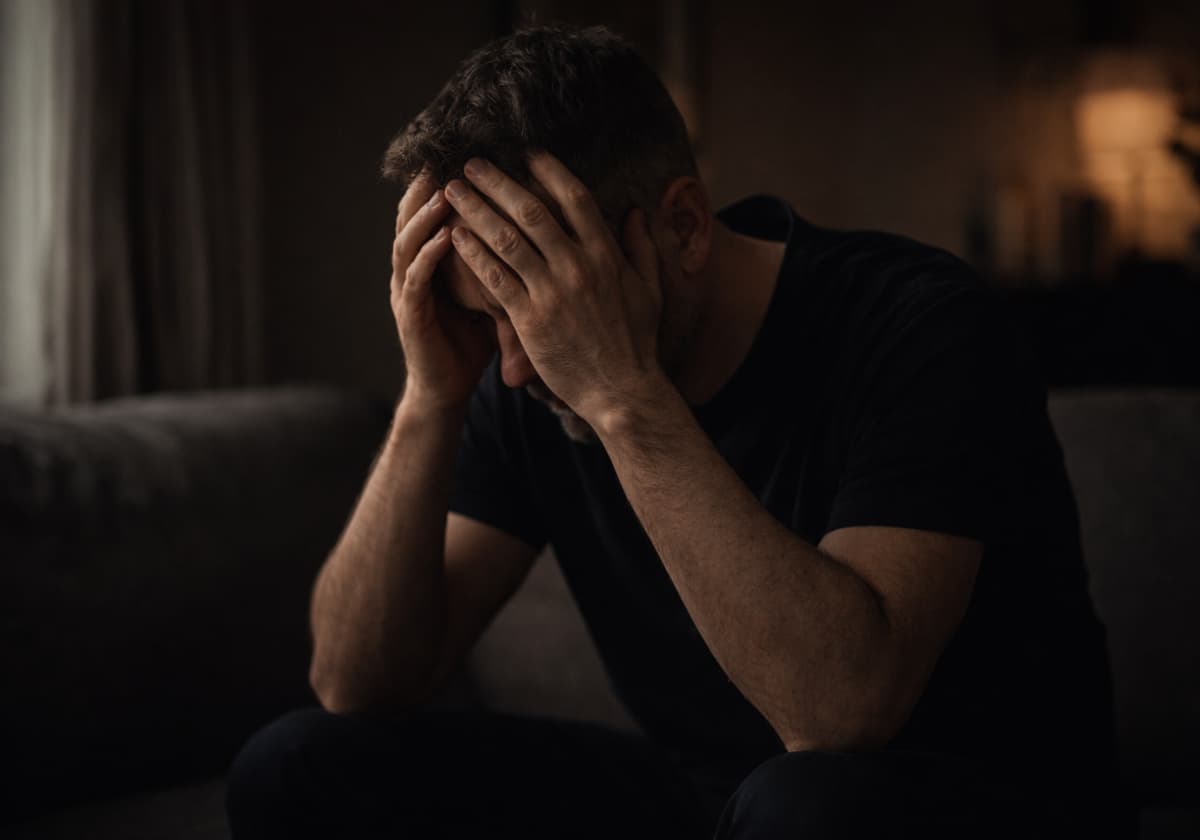 A gay man in quiet tension, looking away from the camera in a softly lit room