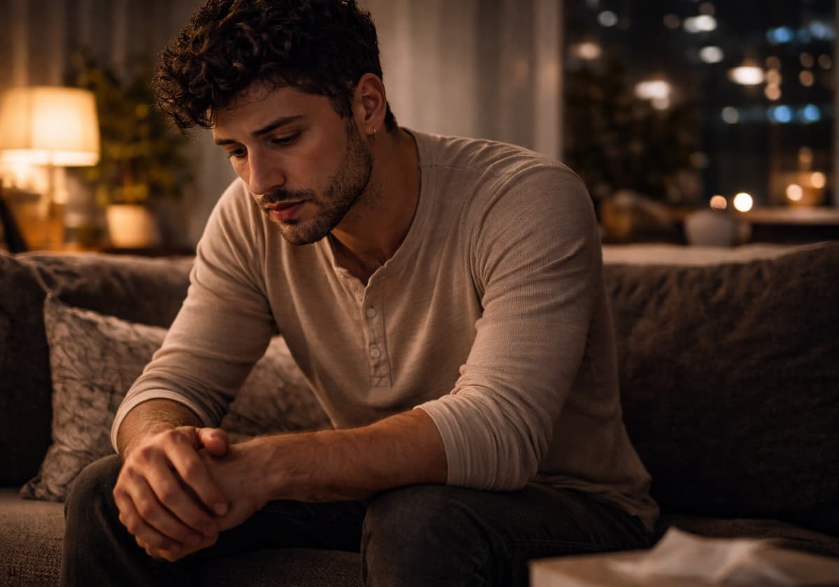 A gay man alone at night, phone screen illuminating his face in a quiet room