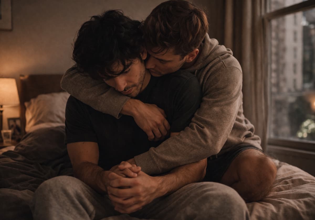 Two men in a morning interior, quiet distance between them, early light through the window