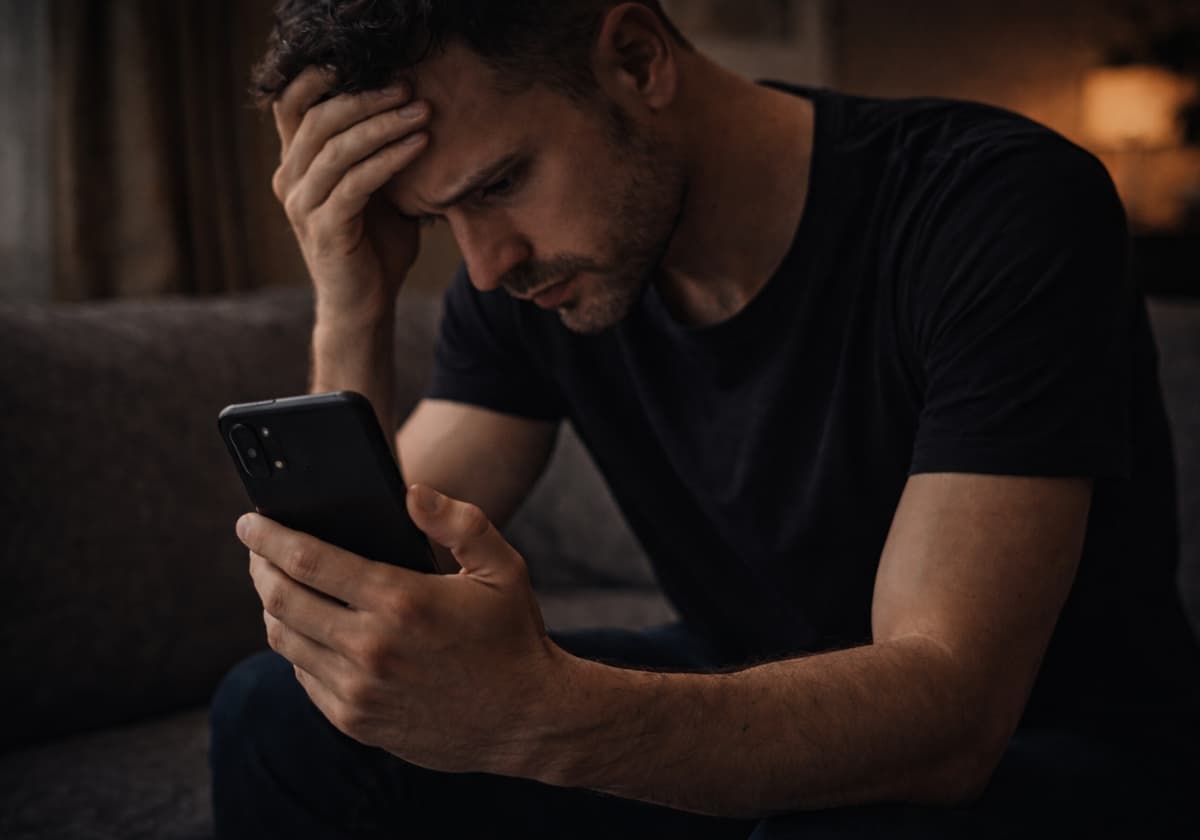 A gay man late at night, phone light illuminating his face, lying alone in bed